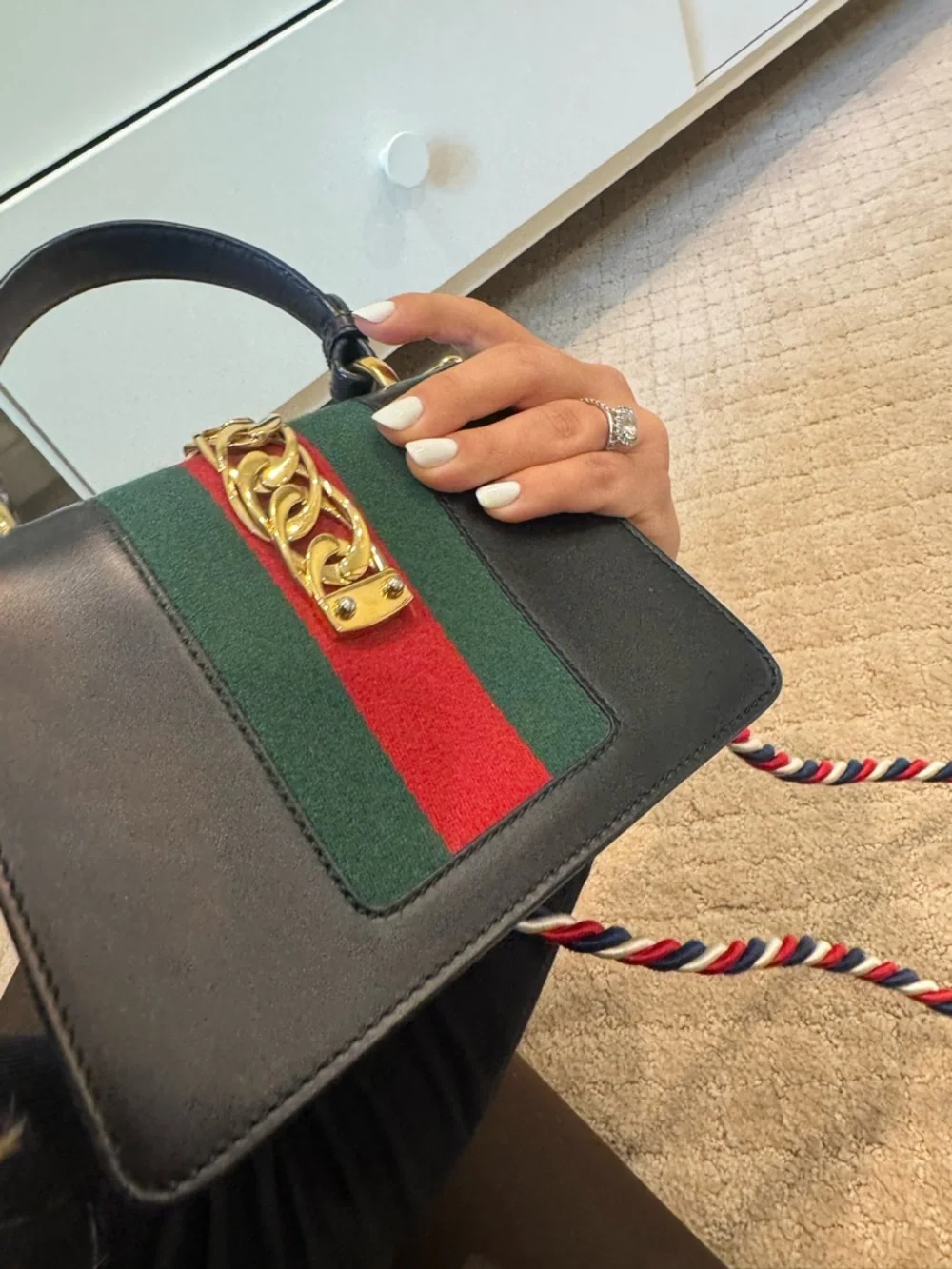 Gucci Black Leather Mini Top-Handle Bag with Green & Red Stripe - Picture 10 of 13